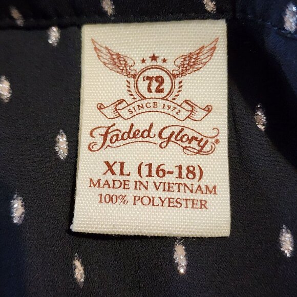 Faded Glory Blouse XL Black Polka Dots16/18 Roll Tab Sleeves Glitter Holiday - Picture 7 of 9